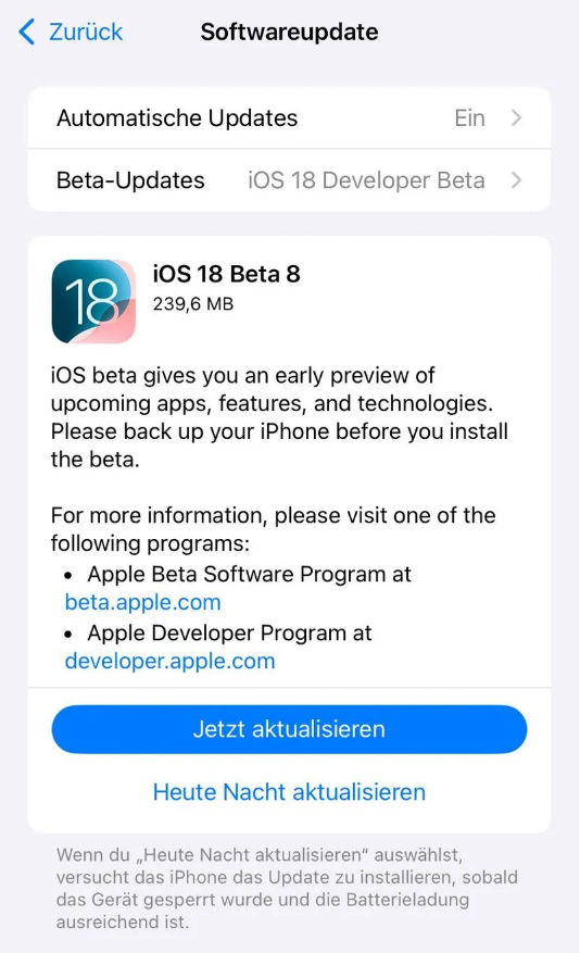 潭门镇苹果手机维修分享苹果 iOS / iPadOS 18 开发者预览版 Beta 8 发布 